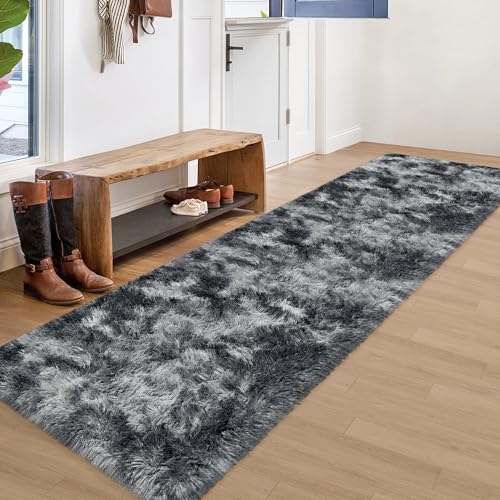 Tie Dyed Dark Grey 2x8 Machine Washable Runner Rugs for Hallway Soft Fluffy Shaggy Bedside Rugs for Bedroom Living Room Indoor Floor Carpet for Kids Girls and Boys Nursery Rooms Home Decor Aesthetic (Tie-dyed Dark Grey / 2' x 8' (Runner))
