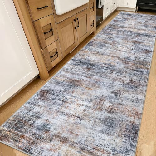 Abstract Runner Rug 3x14 Ft Washable Runners for Hallways (Orange/Brown/Grey / 3' x 14' (Rectangular))