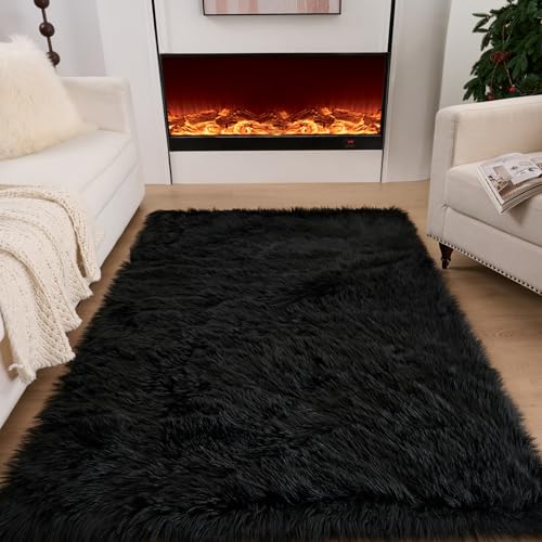 Faux Fur Rug Black Sheepskin Area Rug (Black / 4' x 6' (Rectangular))