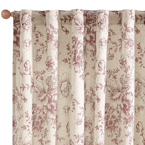 Floral Lined Linen Curtains 108 Long for Living Room 2 Panels (Lined Brick Red / 50"W x 108"L (Pack of 2))