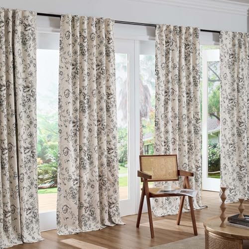 Floral Linen Blackout Curtains for Bedroom 63 Inches Long (Black / 50"W x 63"L (Pack of 2))