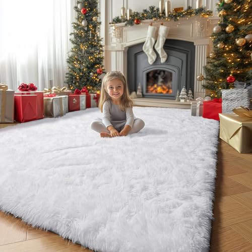 White Fuzzy Furry Area Rug 5x7 for Living Room Bedroom Playroom (White / 5' x 7' (Rectangular))