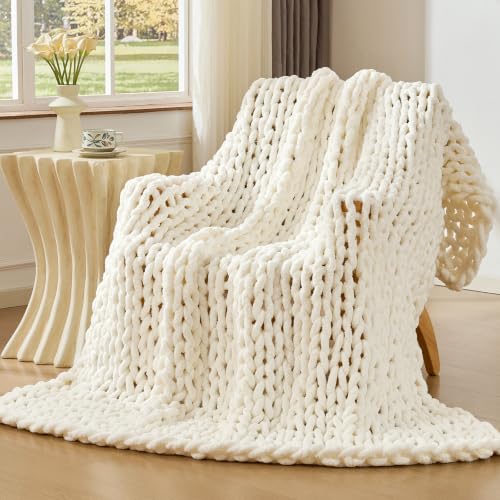Chunky Knit Throw Blanket for Couch (Ivory / 40"x60" (Medium Size Throw）)