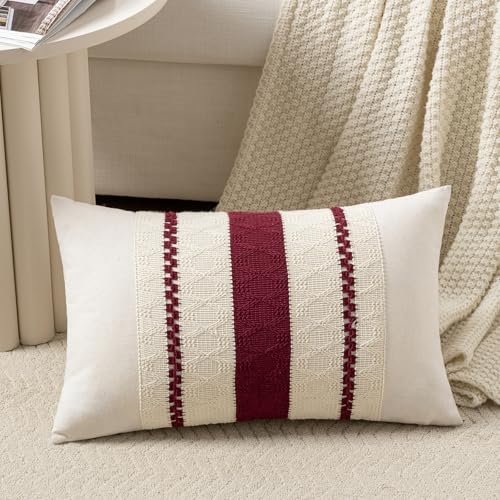 Set of 1 Burgundy Boho Long Lumbar Decorative Throw Pillow Cover 12x20 Inch for Couch Bed Sofa (20" x 12" (Pack of 1) / Burgundy)