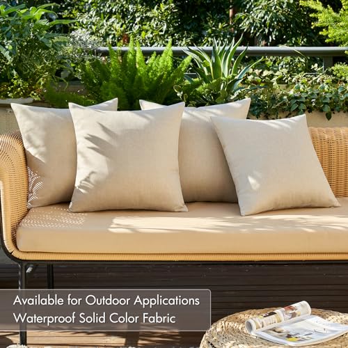 Pack of 4 Decorative Outdoor Throw Pillow Covers Linen Waterproof Pillow Covers Summer Farmhouse Cushion Cases for Patio Garden Tent Balcony Couch Sofa 16x16 Inch Beige (16" x 16" (Pack of 4) / Beige)