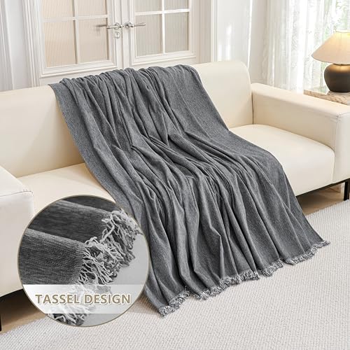 Boho Couch Cover Charcoal Gray Sofa Covers with Tassel Farmhouse Sofa Slipcover Simple Couch Protector for Dogs Chenille Sectional Couch Covers L Shaped Couch Cushion Covers (91" x 134" / Tassels Edge-charcoal Gray)