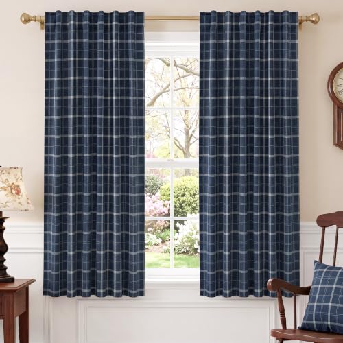 100% Blackout Window Plaid Buffalo Check Energy Efficient Curtains (52"W x 63"L (Pack of 2) / Plaid | Dark Blue & White)
