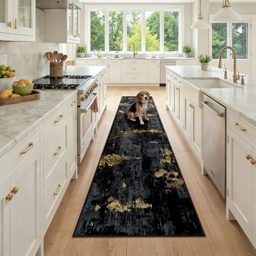 Washable Runner 2'x9' Abstract Area Rug for Hallway Black Gold (Black/Gold / 2' x 9' (Runner))