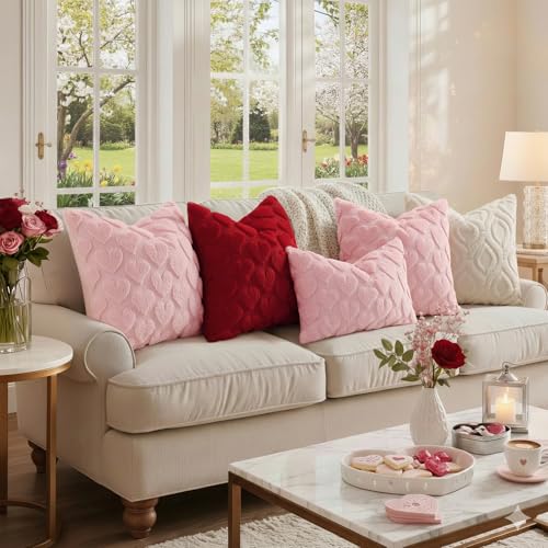 Pink Heart Cute Girl Faux Fur Throw Pillow Covers 20x20 Set of 2 (Pink Heart / 20" x 20" (Pack of 2))