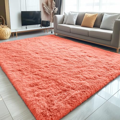 5x7 Machine Washable Large Area Rugs for Living Room (5x7 Ft / Coral Red)