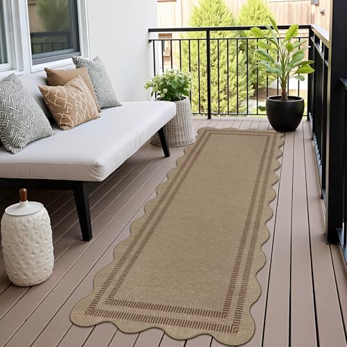 Scalloped Easy Jute 2.6x8 Kitchen Runner Rug (2.6'x8' (Runner) / Brown Geometric-2)