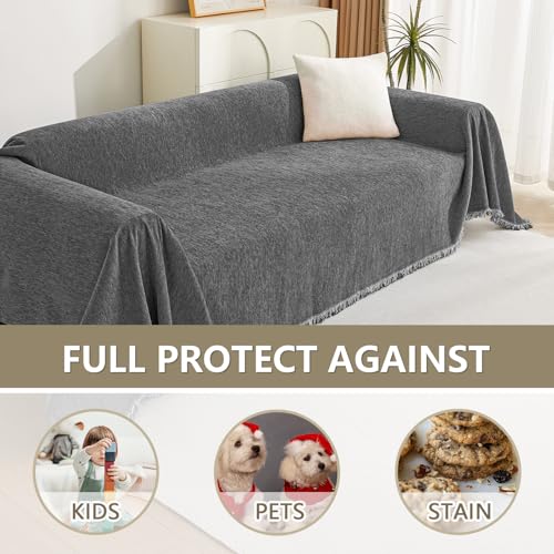 Boho Couch Cover Charcoal Gray Sofa Covers with Tassel Farmhouse Sofa Slipcover Simple Couch Protector for Dogs Chenille Sectional Couch Covers L Shaped Couch Cushion Covers (91" x 134" / Tassels Edge-charcoal Gray)