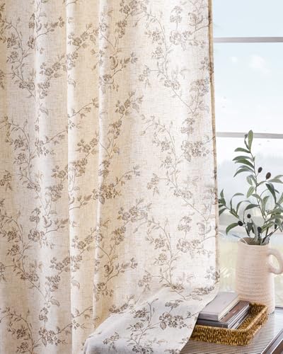 Extra Long Taupe Vintage Floral Linen Curtains Farmhouse 2 Panels (Taupe on Beige / 50"W x 108"L (Pack of 2))