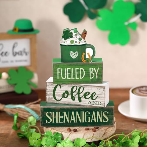 4 Pcs Wooden Tiered Tray Decor Irish Farmhouse Table Sign Coffee (Shamrock)