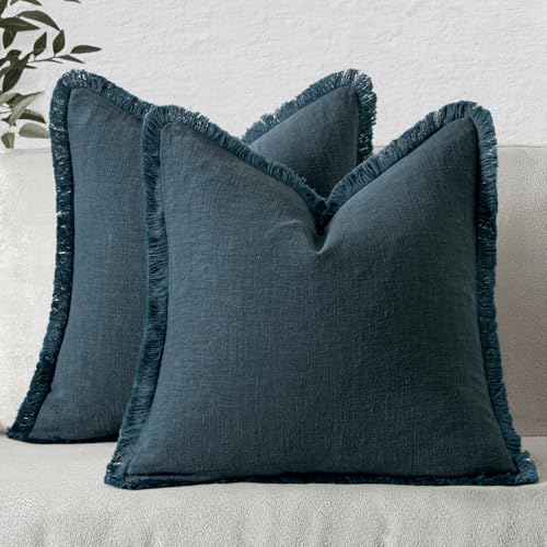 Linen Fringe Decorative Euro Throw Pillow Covers Navy Blue 22x22 (22" x 22" (Pack of 2) / Navy Blue)