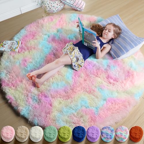 Rainbow Unicorn Pastel Small Round Rug 3Ft for Girls Kids Bedroom (Rainbow / 3' (Round))
