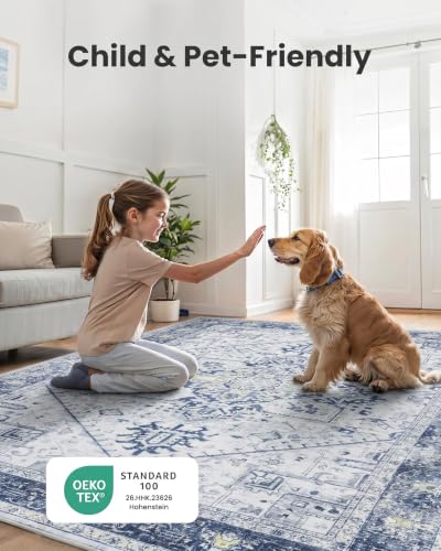 Amada Large 8x10 Washable Area Rug for Living Room (8' x 10' (Rectangular) / Navy Blue/White)