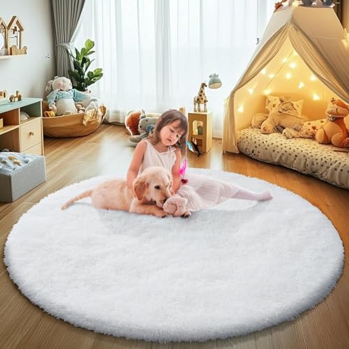 White Fluffy Round Area Rugs for Bedroom (White / 4' (Round))