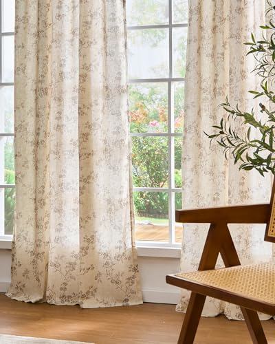 Extra Long Taupe Vintage Floral Linen Curtains Farmhouse 2 Panels (Taupe on Beige / 50"W x 108"L (Pack of 2))