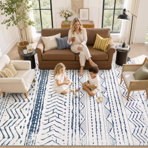 Boho 5x7 Area Rug Living Room Rugs Machine Washable Navy Blue (Dark Blue / 5' X 7' (Rectangular))