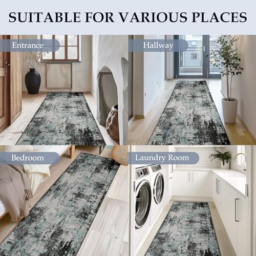 Washable Runner 2'x10' Abstract Area Rug for Hallway Teal Black (Black/Teal Blue / 2' x 10' (Runner))