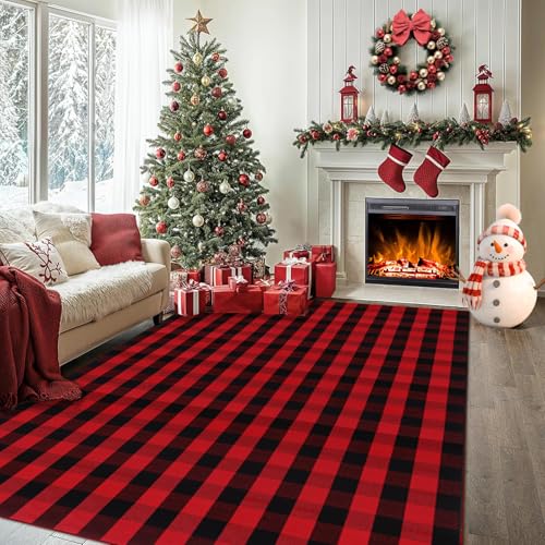 Christmas Red and Black Plaid Rug 8x10 ft (Red & Black Plaid / 7'7" x 10' (Rectangular))