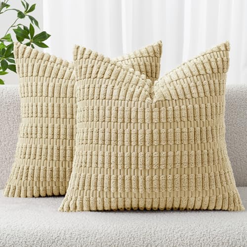 Corduroy Decorative Throw Pillow Covers 16x16 Beige Pack of 2 (Beige / 16" x 16" (Pack of 2))