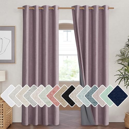Chaise Mauve Vintage Linen 100% Blackout Curtains for Living Room (52"W x 90"L (Pack of 2) / Chaise Mauve)