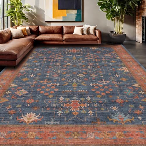 Boho Navy Blue 10x12 Area Rug for Living Room (10' x 12' (Rectangular) / Blue / Terracotta)