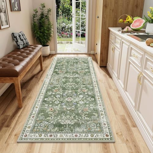 2x5 Washable Hallway Runner Rug Non Slip Floral Carpet (Green / 2' x 5')
