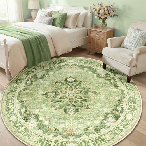 Washable Area Rug (Green/Yellow / 6' (Round))