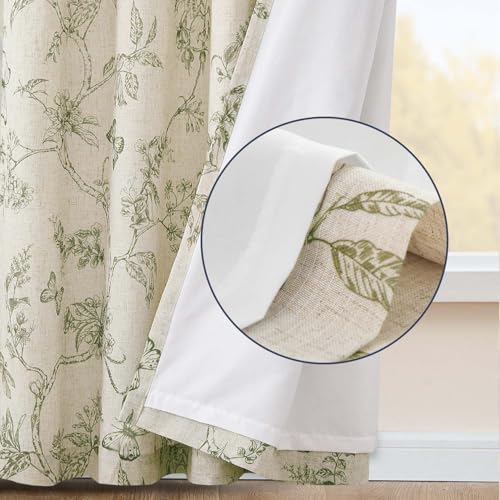 Green Floral Linen Curtains Lined 84 Inch Vintage Back Tab 2 Panels (Charlotte Sage Green / 50"W x 84"L (Pack of 2))