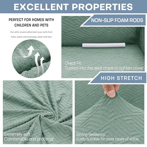 1 Piece Jacquard Couch Covers for 3 Cushion Couch Living Room High Stretch Sofa Cover Pets Dogs Friendly Anti Slip Thickened Slipcovers Furniture Protector (Large (71"-90") / New Pattern Pea Green)