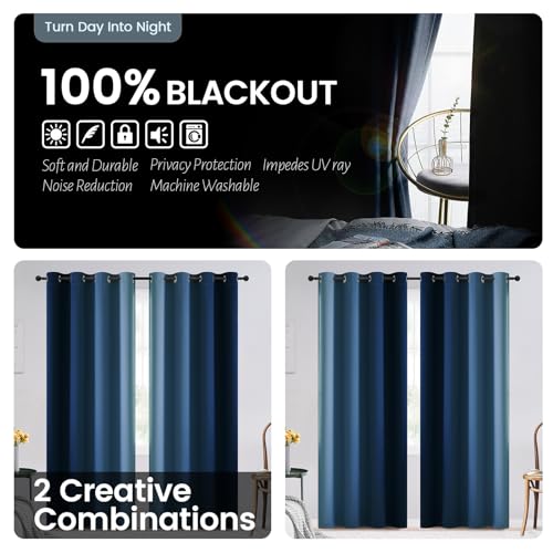 100% Blackout Ombre Bedroom Curtains Blue and Greyish White (52"W x 63"L (Pack of 2) / Blue With Black Back)