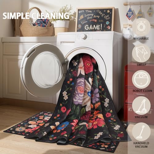Black Brown Floral Hallway Runner Rug 2x8 for Bedroom Kitchen (Espresso / 2' x 8' (Rectangular))