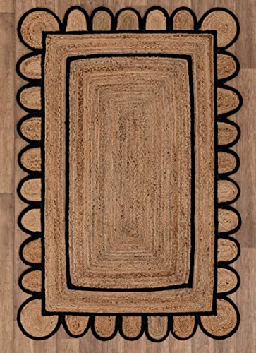 Scalloped Natural Jute Area Rug for Bedroom Living Room (Black / 2' x 4' (Scalloped))