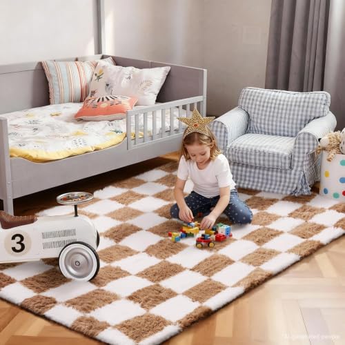 Checkered Beige & White Rug for Living Room Bedroom (Checkered Beige & White / 4' x 6' (Rectangular))