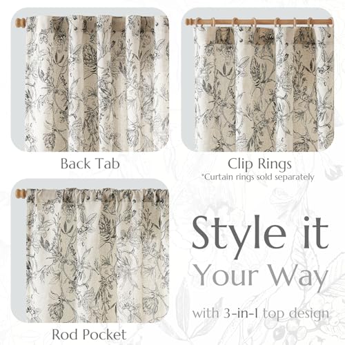 Black Floral Linen Curtains 96 Inch Vintage Back Tab 2 Panels (Flower Black on Beige / 50"W x 96"L (Pack of 2))