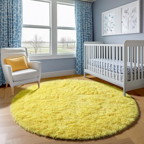 Yellow Fluffy Round Rug Circle Area Rugs 4ft for Girls Kids Teen Bedroom (Yellow / 4' (Round))