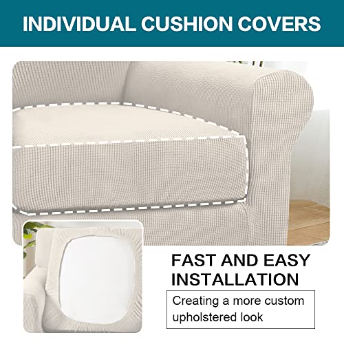 2 Piece Chair Covers for Living Room Armchair Couch Cover with Individual Cushion Covers Furniture Cover for Chairs Feature Jacquard Fabric (Armchair (1 Cushion) / Ivory)