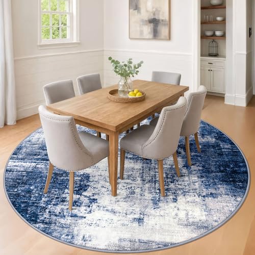 Abstract Round Area Rug 8 Ft Washable Circle Rugs Large Round Rug Non Slip Thin Soft Circle Rugs (Navy/Grey/White / 8' (Round))