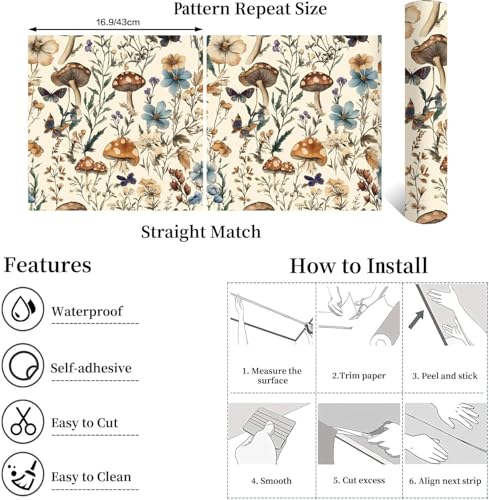 Mushroom Wallpaper Peel and Stick Vintage Floral 16.9" x 590.5" (Beige / 16.9" x 590.5")