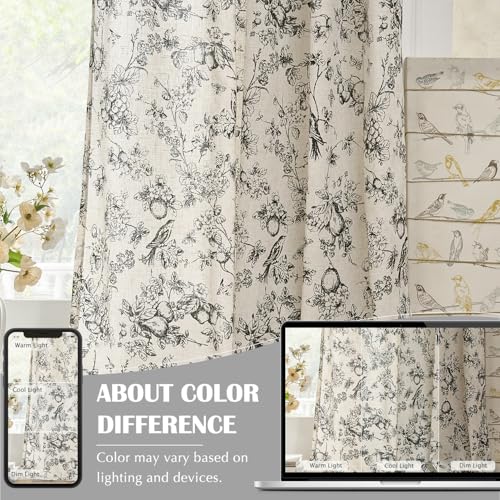 Black Floral Linen Curtains 84 Inch Vintage Back Tab 2 Panels (Black Floral on Linen / 50"W x 84"L (Pack of 2))