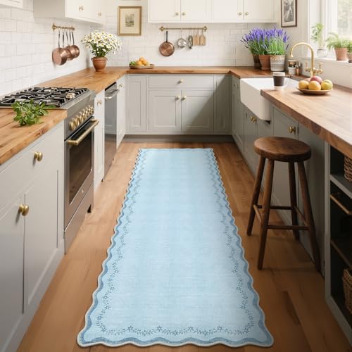 2.5x8 Scalloped Washable Runner Rug Non Slip Hallway Kitchen Rug (Light Blue / 2'6" x 8' (Rectangular))