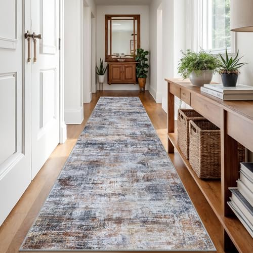Abstract Runner Rug 3x12 Ft Washable Runners for Hallways (Orange/Brown/Grey / 3' x 12' (Rectangular))