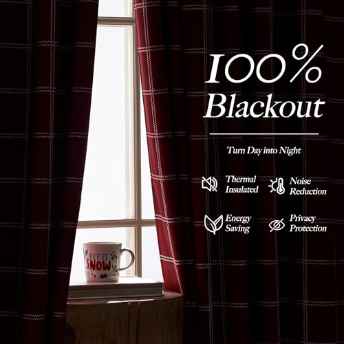 Farmhouse 100% Blackout Red Plaid Buffalo Kitchen Curtains (26"W x 24"L (Pack of 2) / Grid Pattern | Red Christmas & White)