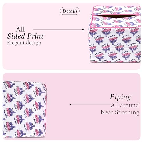 CPC Pink Sapphire Block Print Square Tissue Box Cover 100% Cotton (Pink Sapphire)