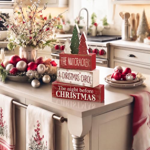 4 Pcs Christmas Table Decorations Rustic Christmas Tree Stacked Wooden Signs Decor Red Green and White Winter Tiered Tray Decor Xmas Table Centerpiece Farmhouse for Home Kitchen Shelf (Rustic Christmas Tree Cute)