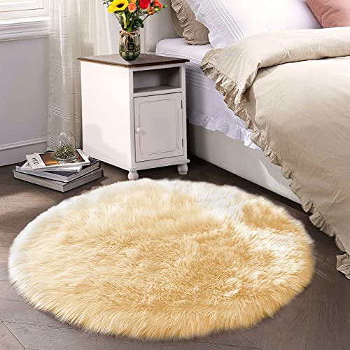 Yellow Rug for Bedroom Circle Faux Sheepskin Fur Round Rugs 5ft Furry Fluffy Rug for Bedroom Bedside Cute Home Decor (5' (Round) / Light Yellow)