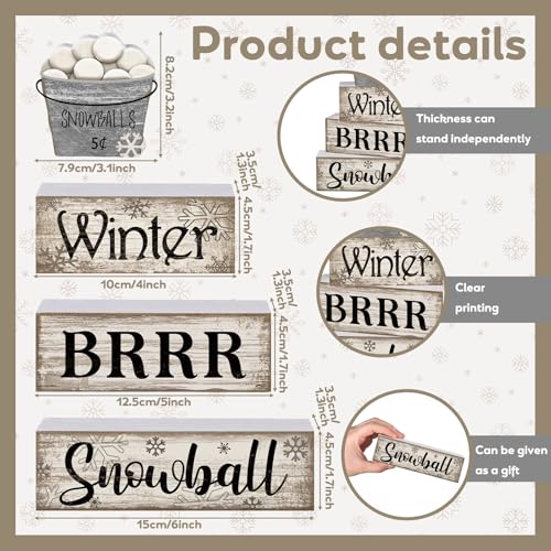 4 Pcs Winter Wooden Block Signs Farmhouse Table Decoration (Snow Bucket)